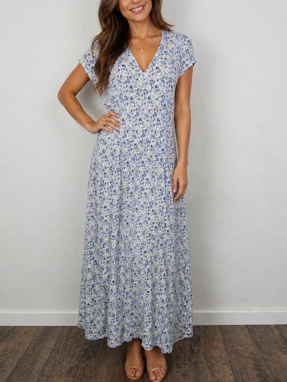 Sahalie Blue Knit Maxi Dtess Drop Waist Gathered Bust Sz MP Fairy Garden Summer